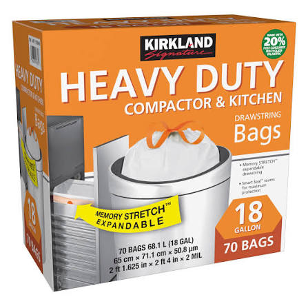 Kirkland Signature 18 G Compactor & Kitchen Bags 20% PCR 70 ct